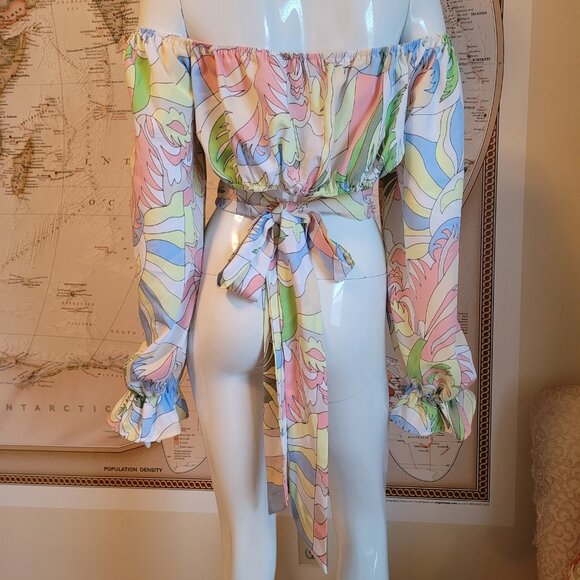 Milk & Honey pastel crop top off shoulder balloon sleeves bow boho retro arty XL - Picture 12 of 12